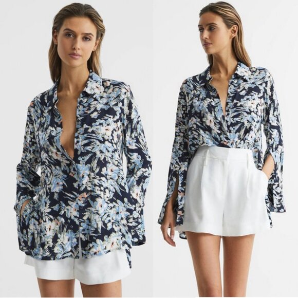 REISS Laura Floral Print Split Sleeve Blouse Blue Green Multicolor Size 8 - Picture 1 of 9